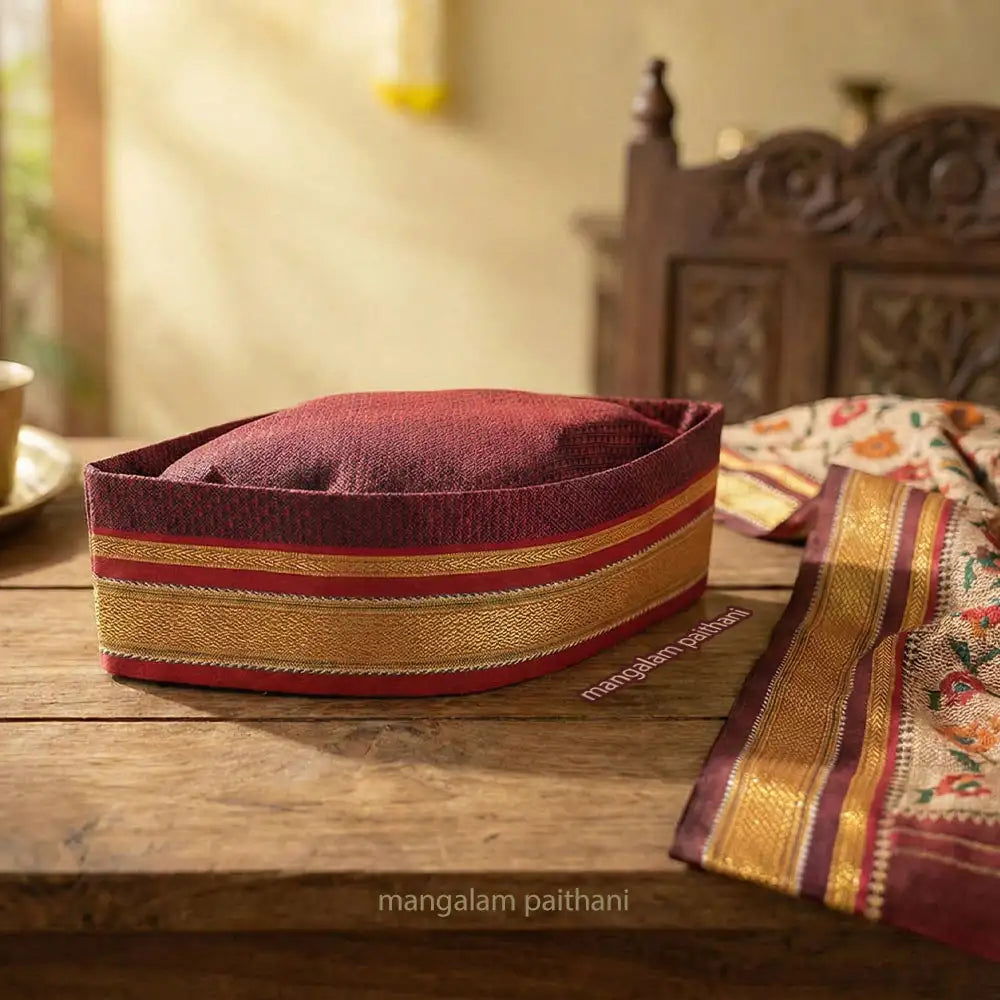 wine color khan topi, mangalam paithani topi, festival topi for mens and womens