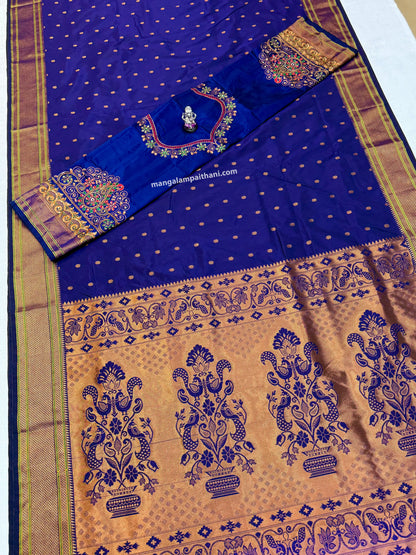 Blue and gold traditional saree, mangalam saree