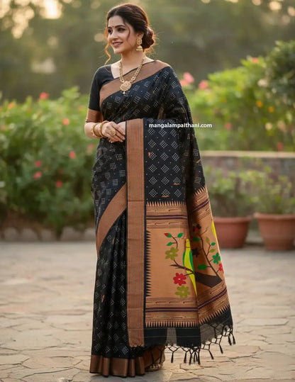 black and brown paithani silk saree, mangalam sarees