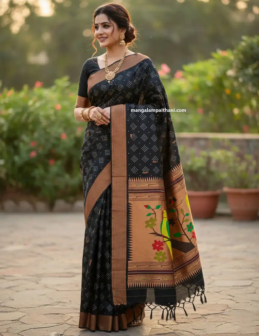 black and brown paithani silk saree, mangalam sarees