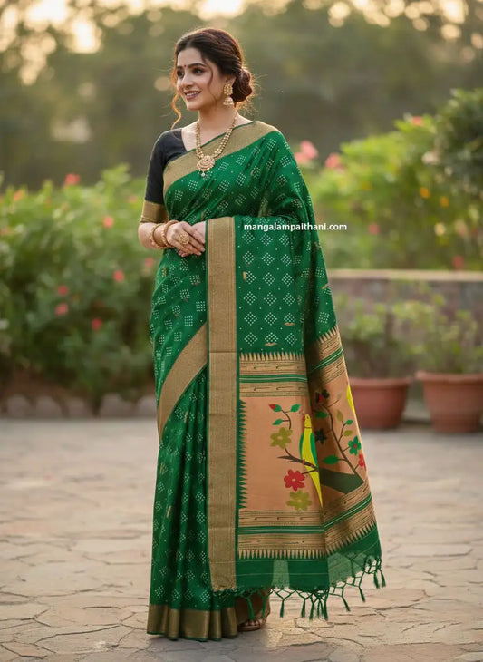 green bandhani saree, mangalam paithani bandhani saree