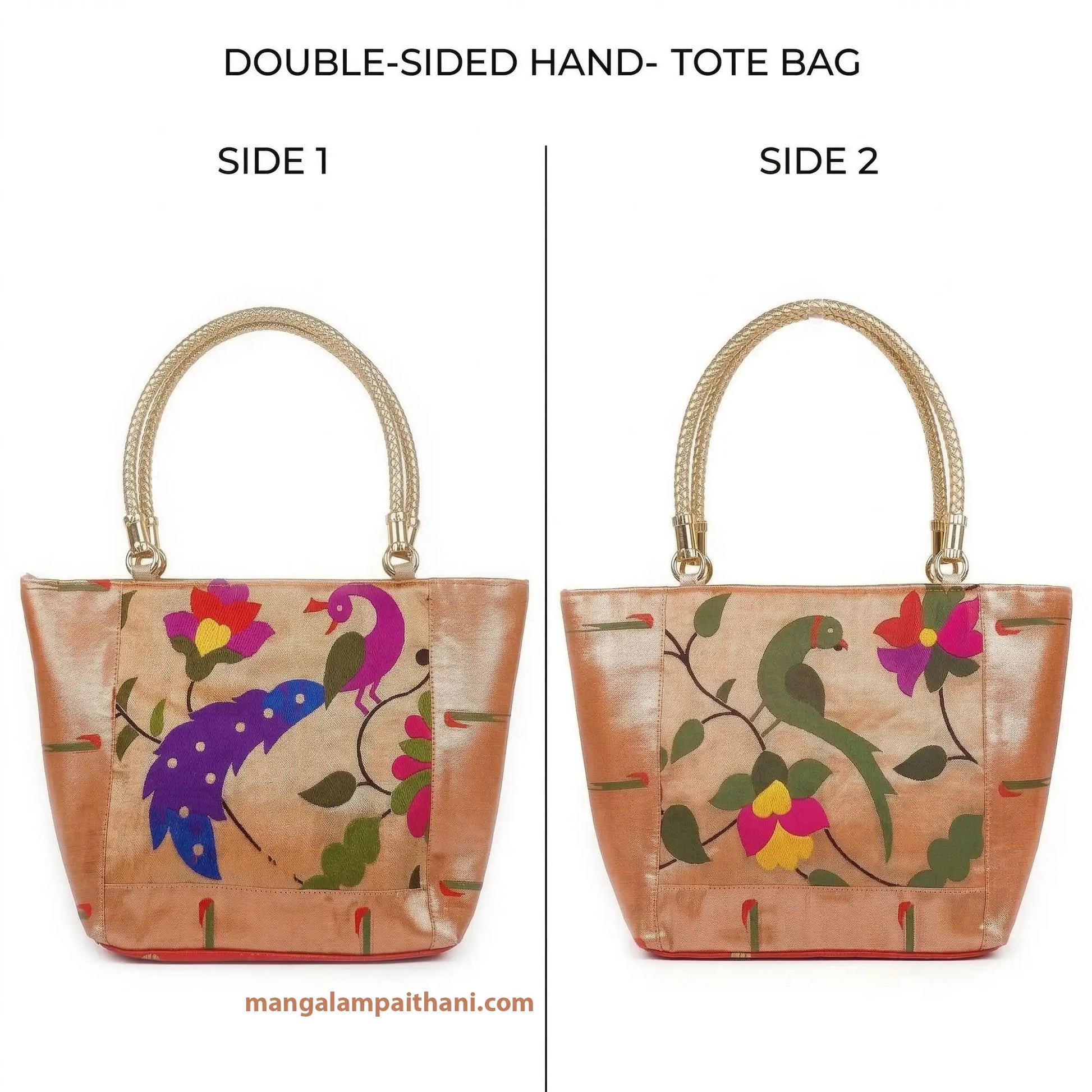 Traditional ethnic tote bag with golden handles