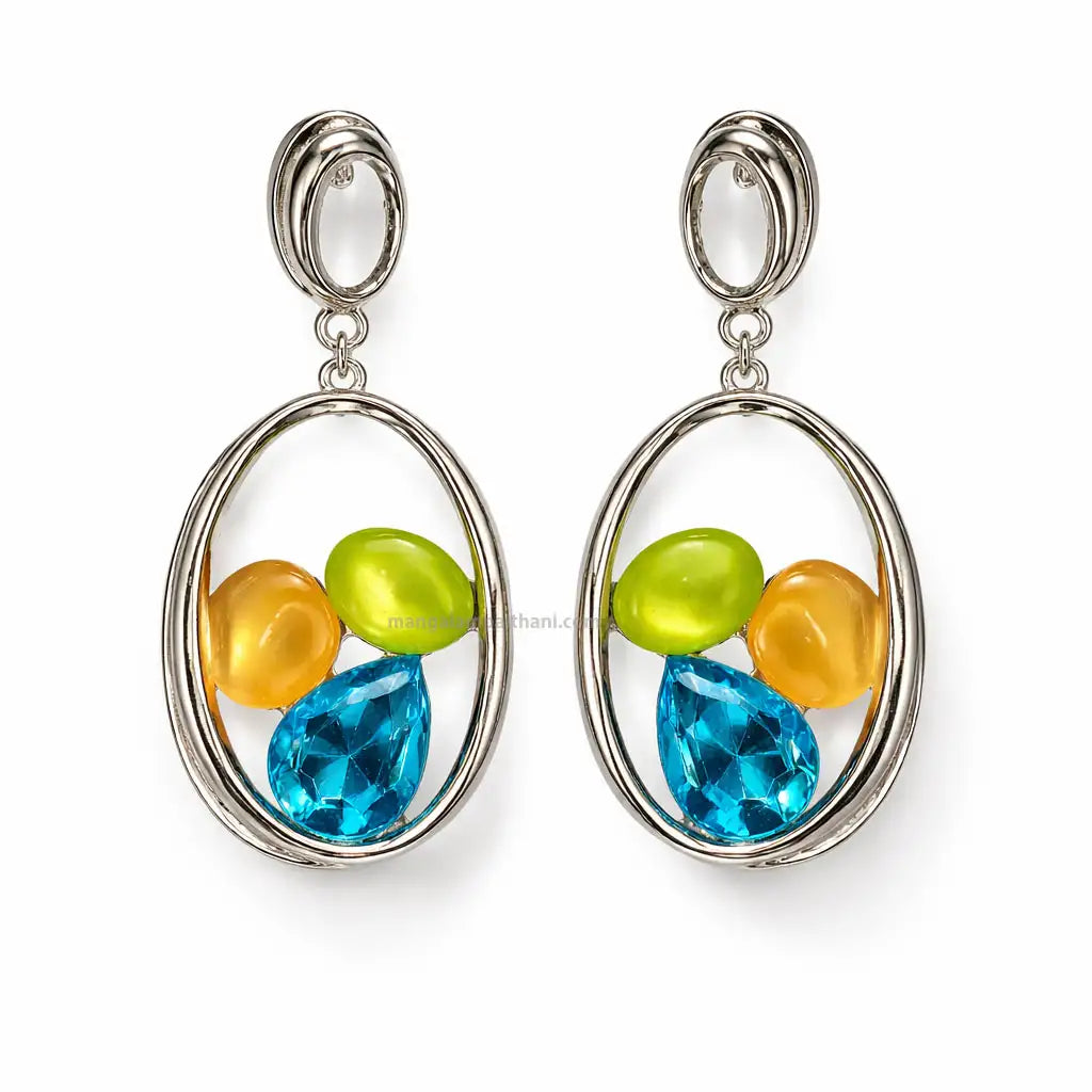 Silver oval drop earrings with pastel stones