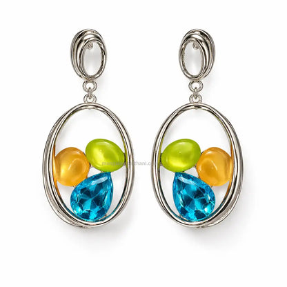 Silver oval drop earrings with pastel stones