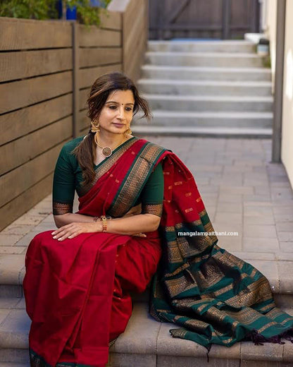 Maroon & Green Cotton Gadwal Saree