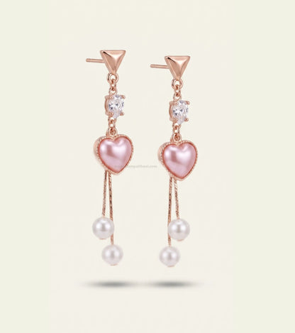 Pink heart pearl tassel earrings for women
