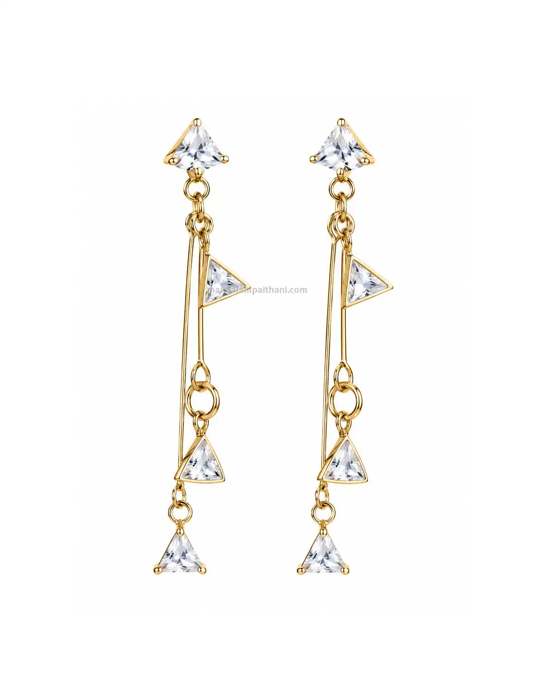 Gold triangle crystal long drop earrings for women with geometric design
