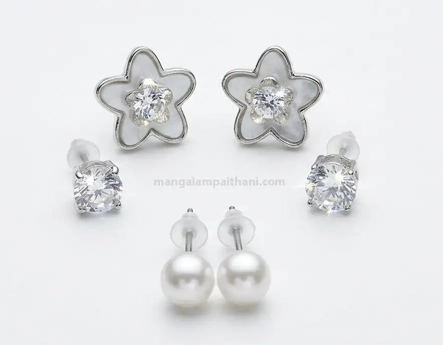 Silver flower crystal stud earrings set