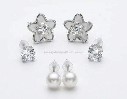 Silver flower crystal stud earrings set