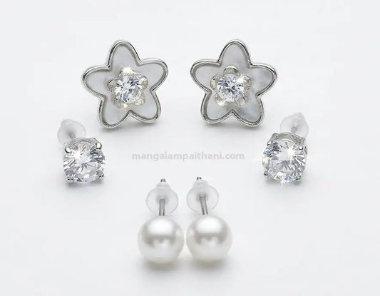 Silver flower crystal stud earrings set