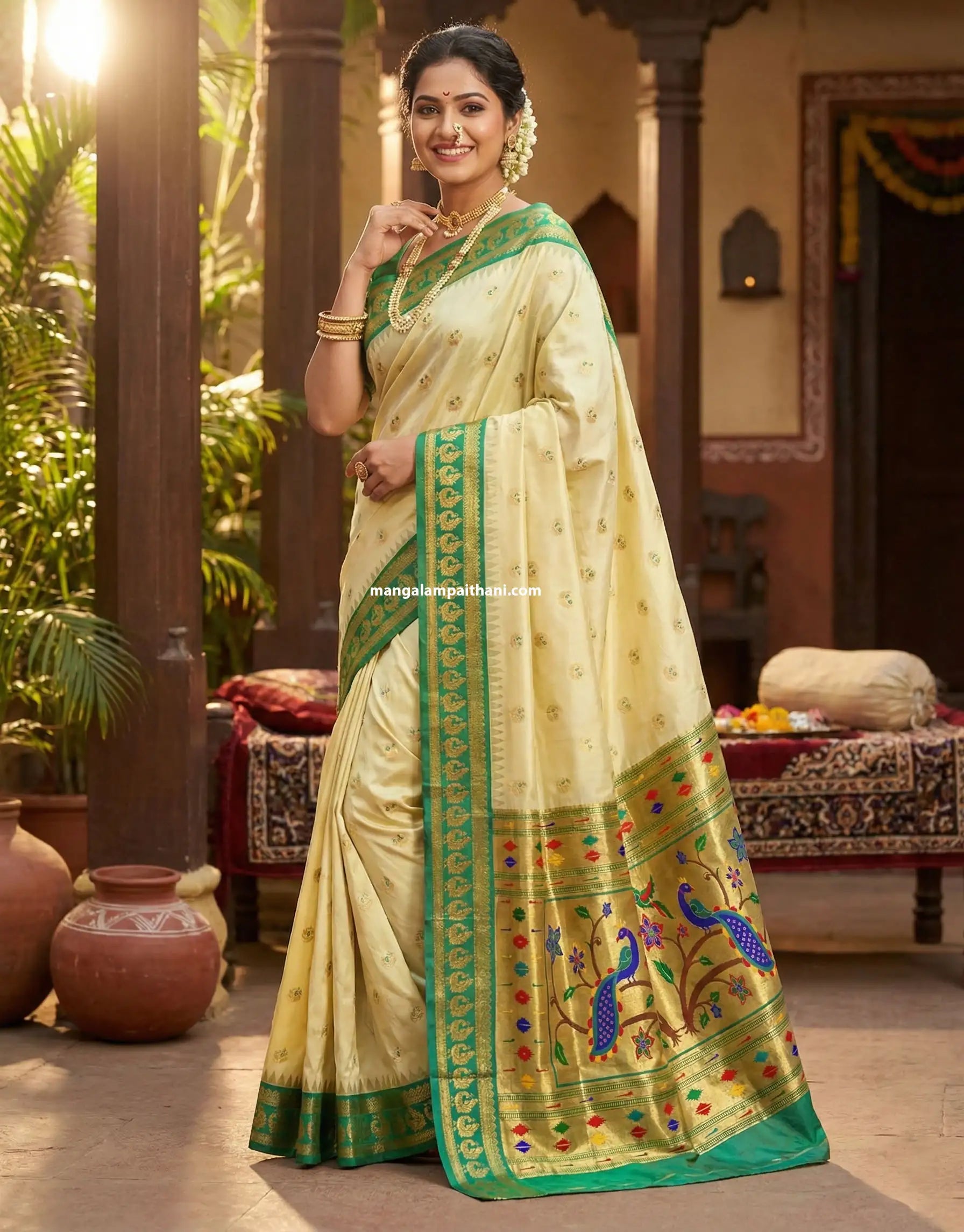 Woman in a cream paithani yeola saree mangalam paithani saree