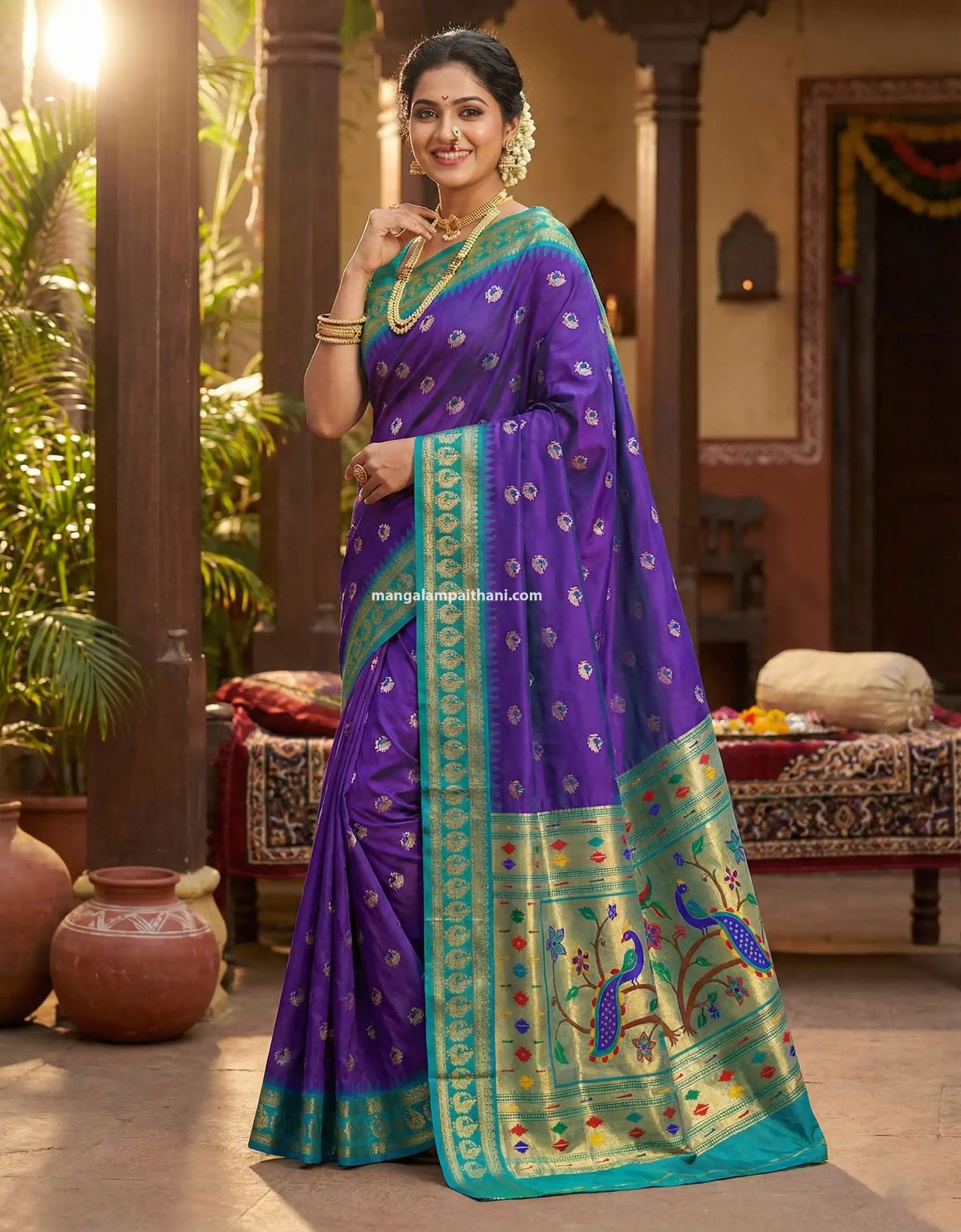 Woman wearing a traditional purple and green paithani saree mangalam paithani