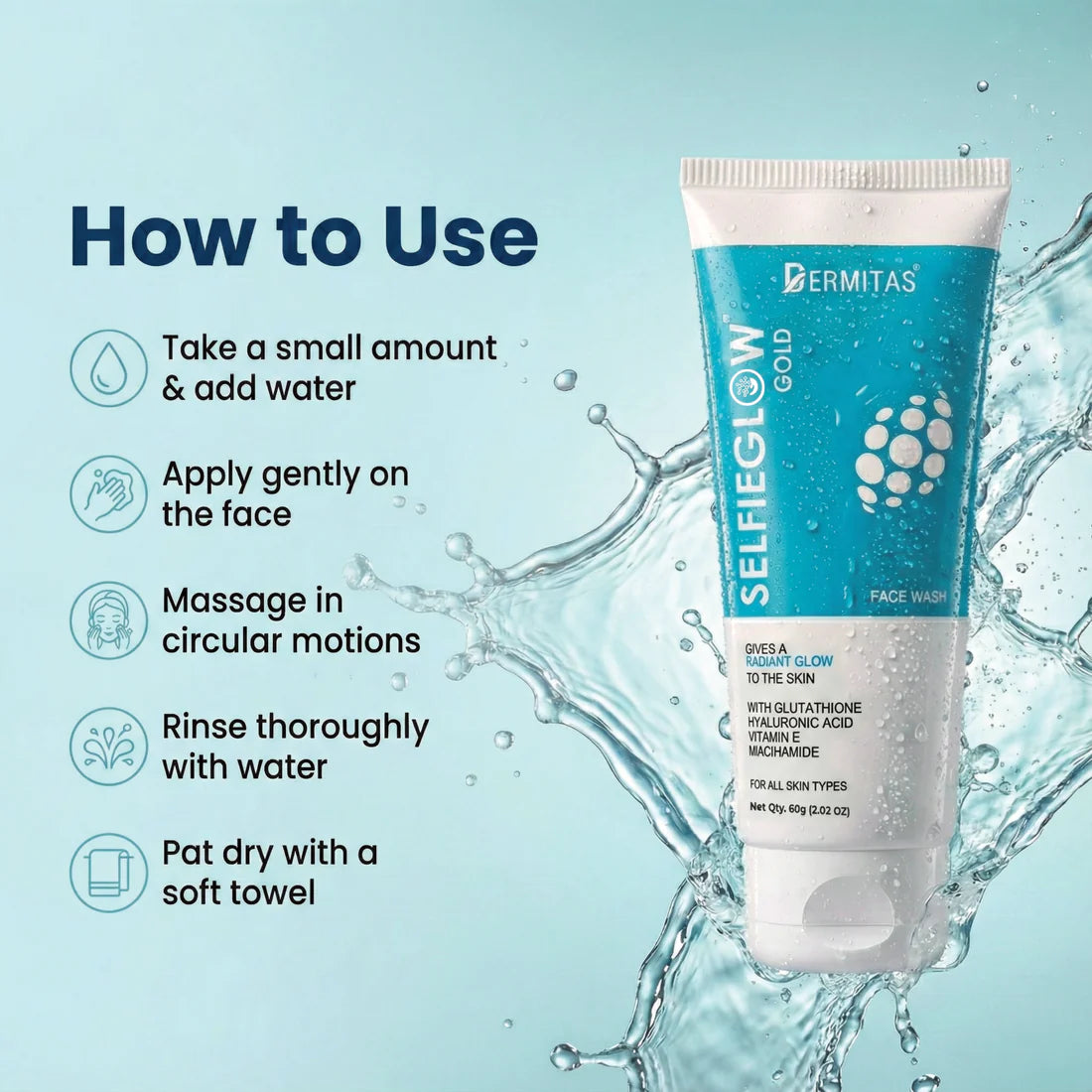 selfieglow gold glutathione face wash usage