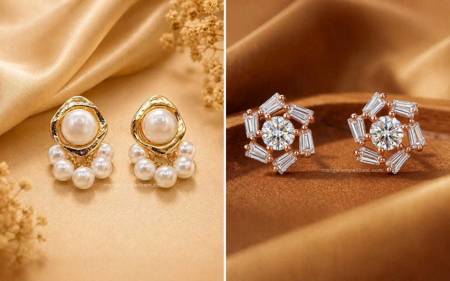 Gold pearl and diamond stud earrings combo set for women