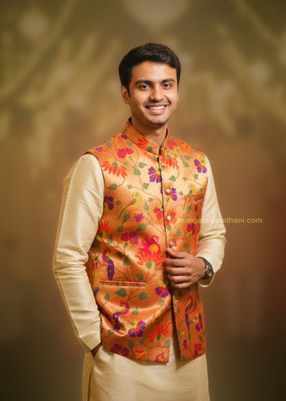mens paithani jacket mangalam paithani golden jacket traditional wear for mens