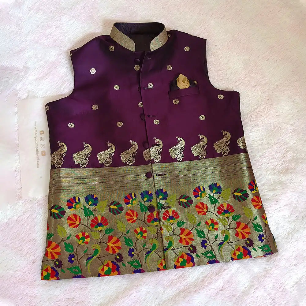 purple paithani jacket for men