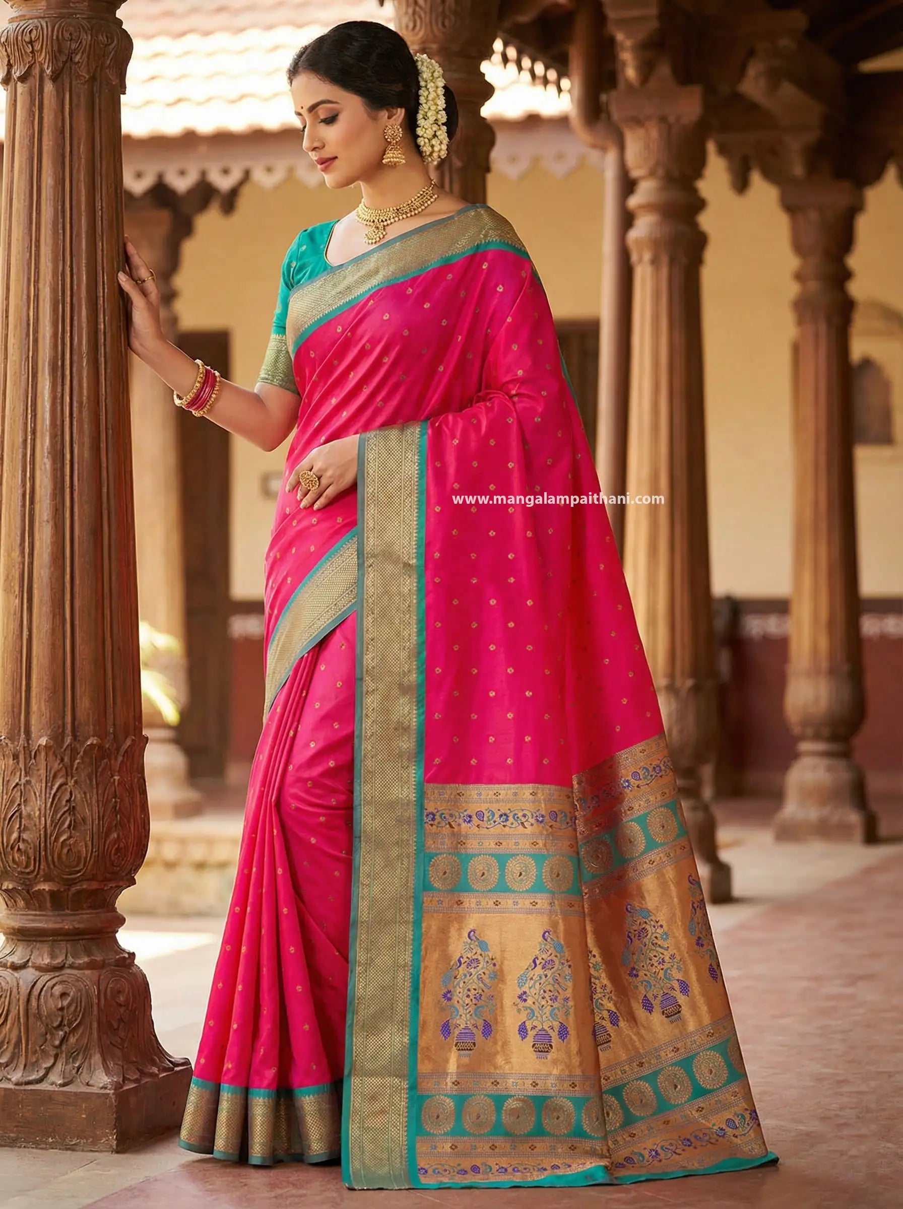 pink saree with gold and green patterns mangalam paithani
