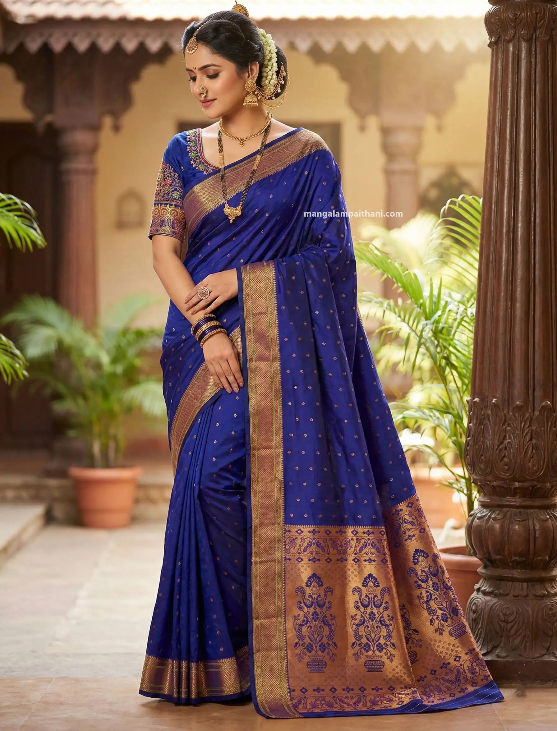 blue paithani yevla saree mangalam paithani