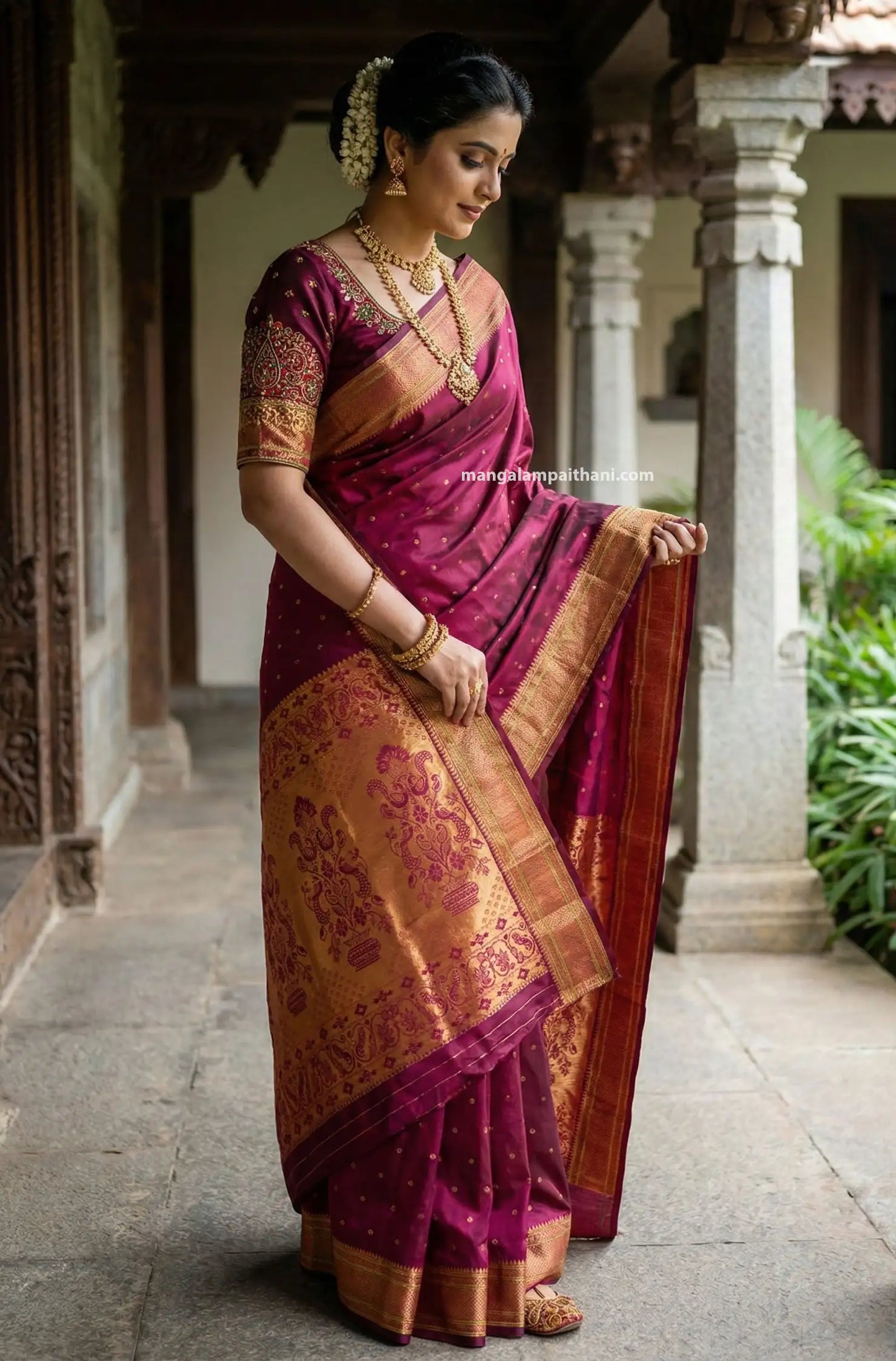 Woman in a traditional maroon saree, mangalam paithani saree