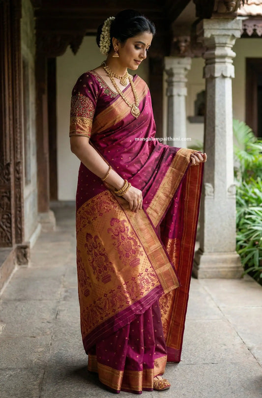 Woman in a traditional maroon saree, mangalam paithani saree