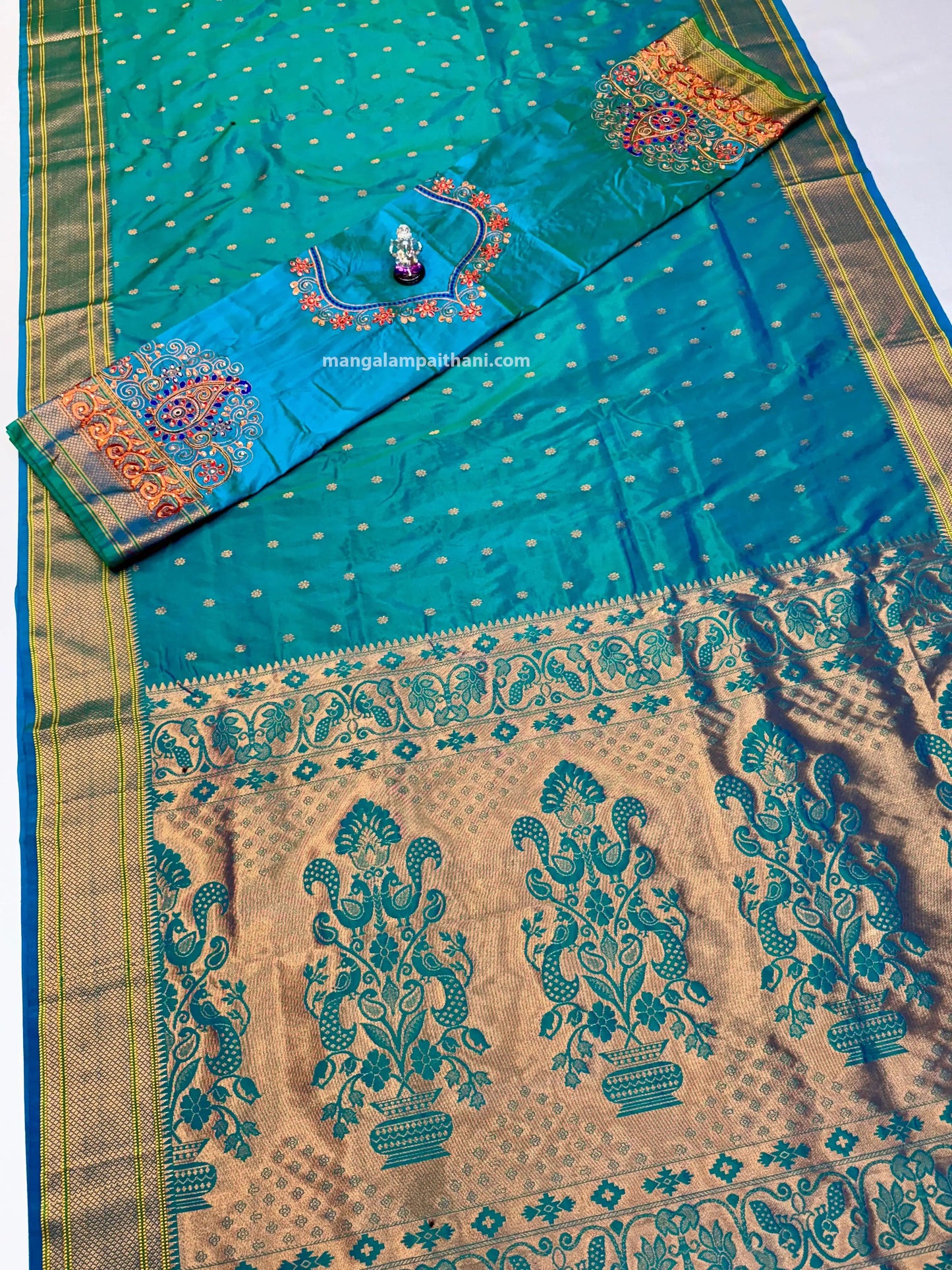 teal color paithani saree, mangalam paithani silk saree