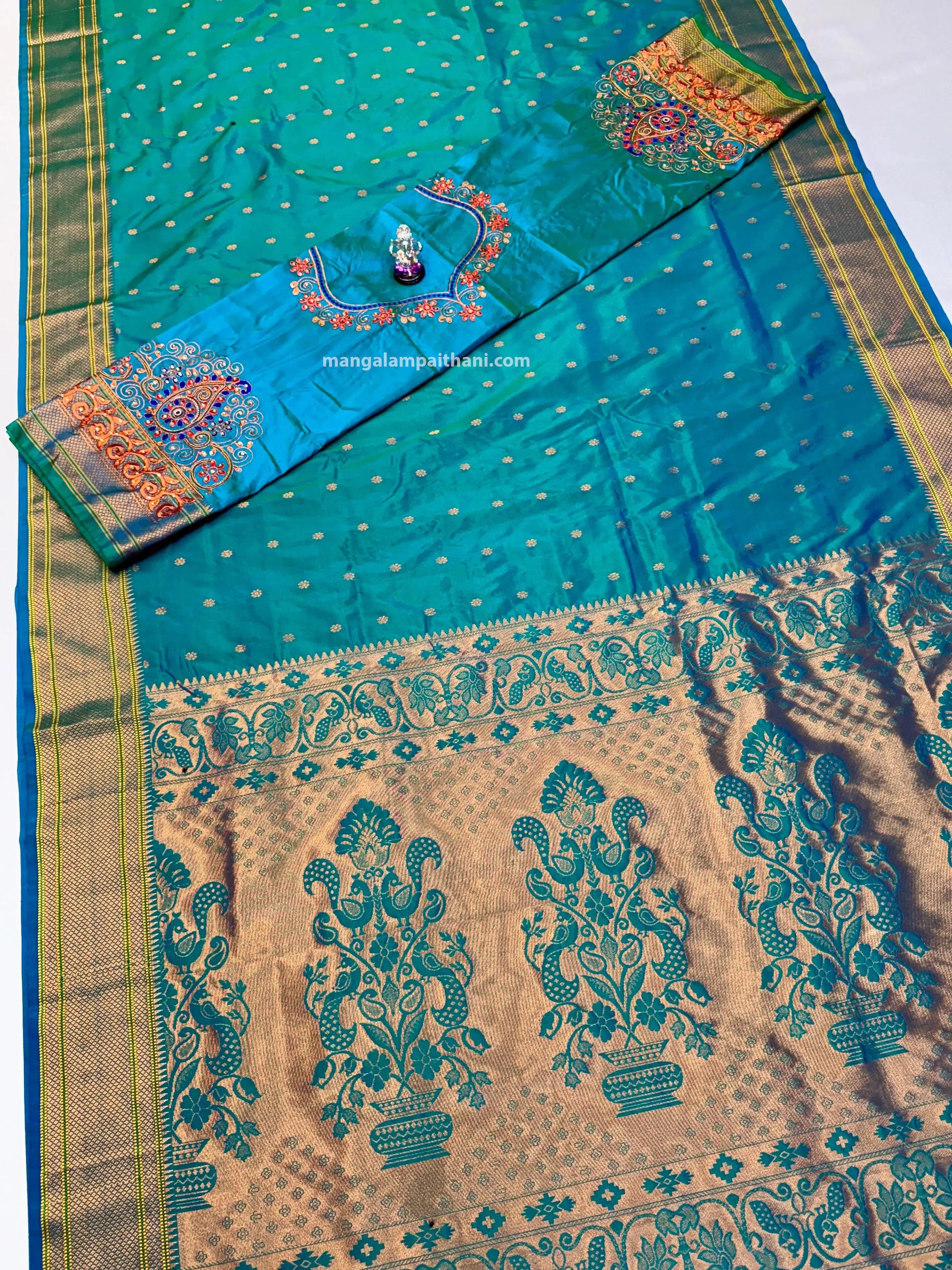 teal color paithani saree, mangalam paithani silk saree