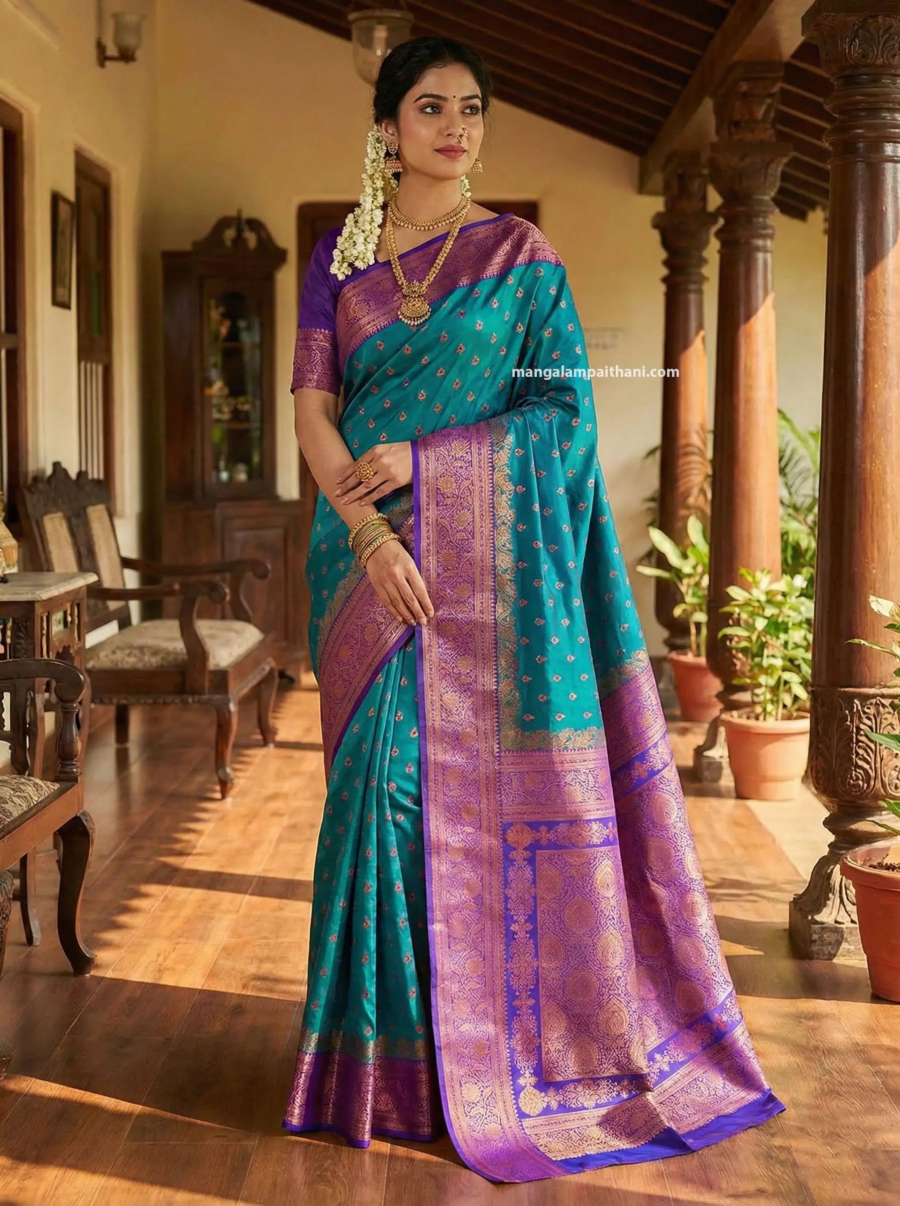 Woman in a teal and purple saree mangalam paithani saree