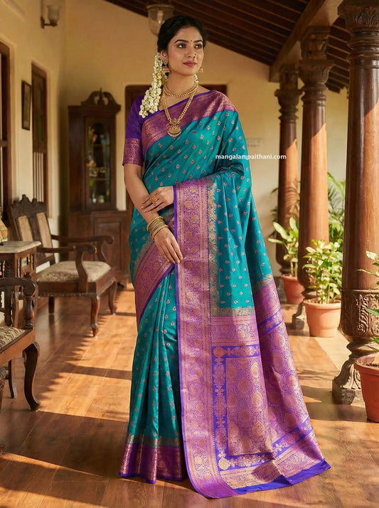 Woman in a teal and purple saree mangalam paithani saree