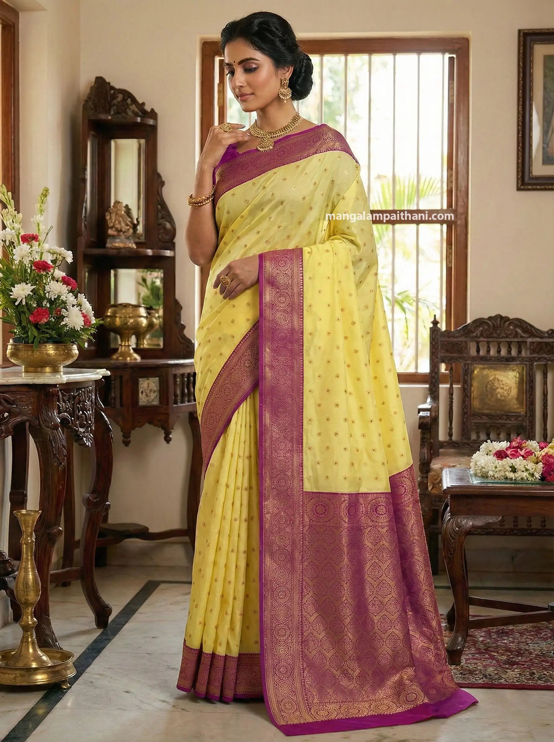 yellow kanjivaram paithani saree mangalam paithani yellow saree