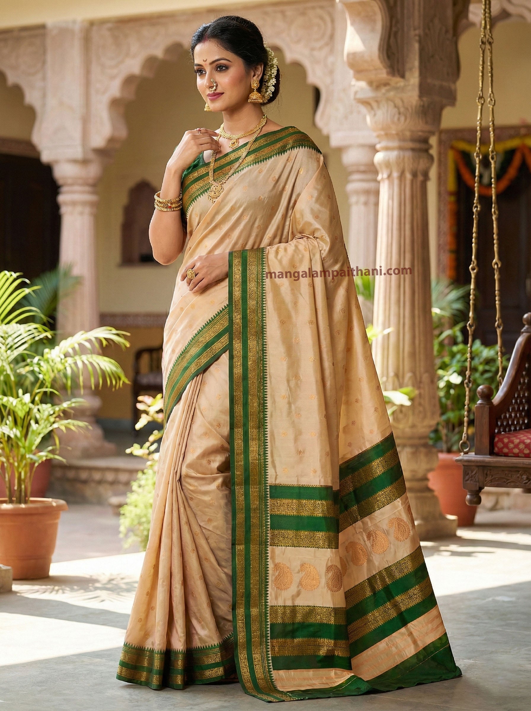 beige traditional silk saree