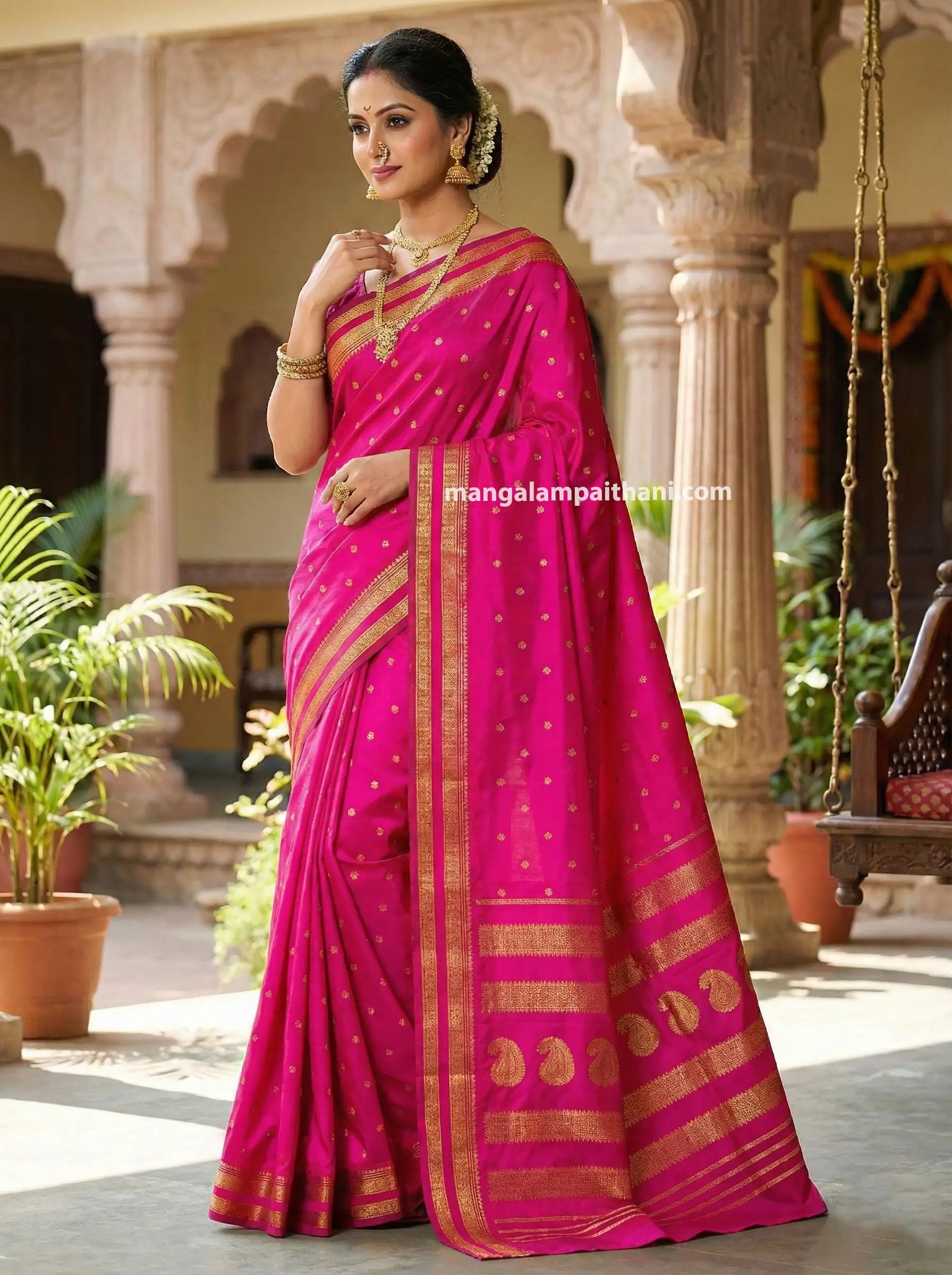 Woman in a pink saree mangalam paithani