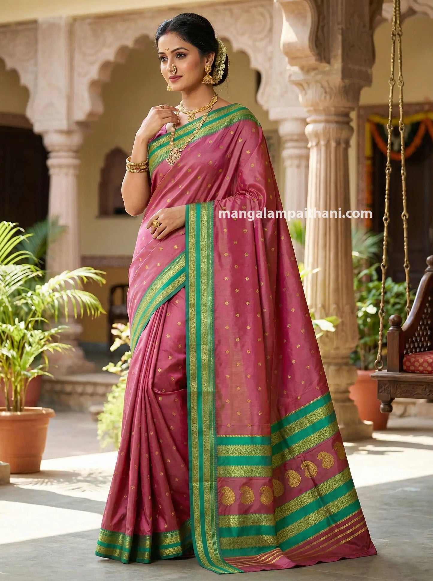Woman in a pink saree, mangalam paithani silk saree
