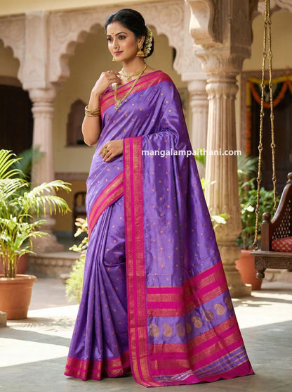 Woman wearing a purple saree mangalam paithani saree