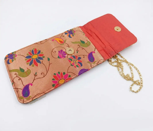 Multicolor Paithani Mobile Pouch with Golden Chain