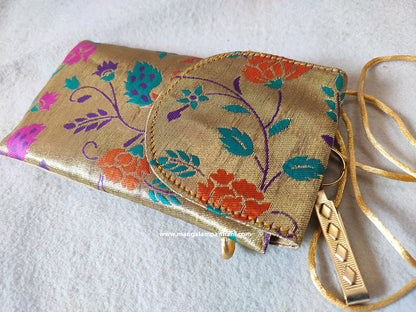 multicolored floral Paithani mobile pouch with a zipper and a wristlet strap