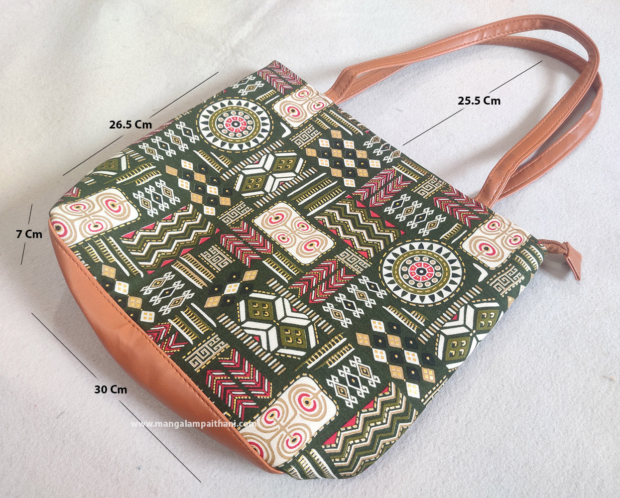 A multicolor handbag with geometric patterns