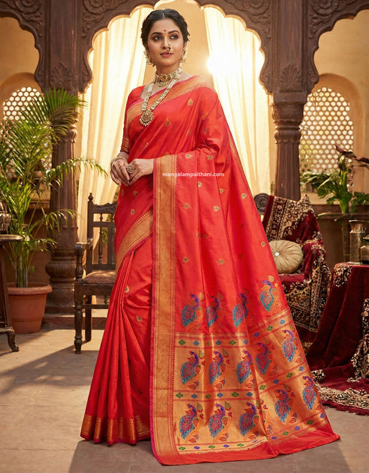 Woman in a red saree, mangalam yeola paithani saree