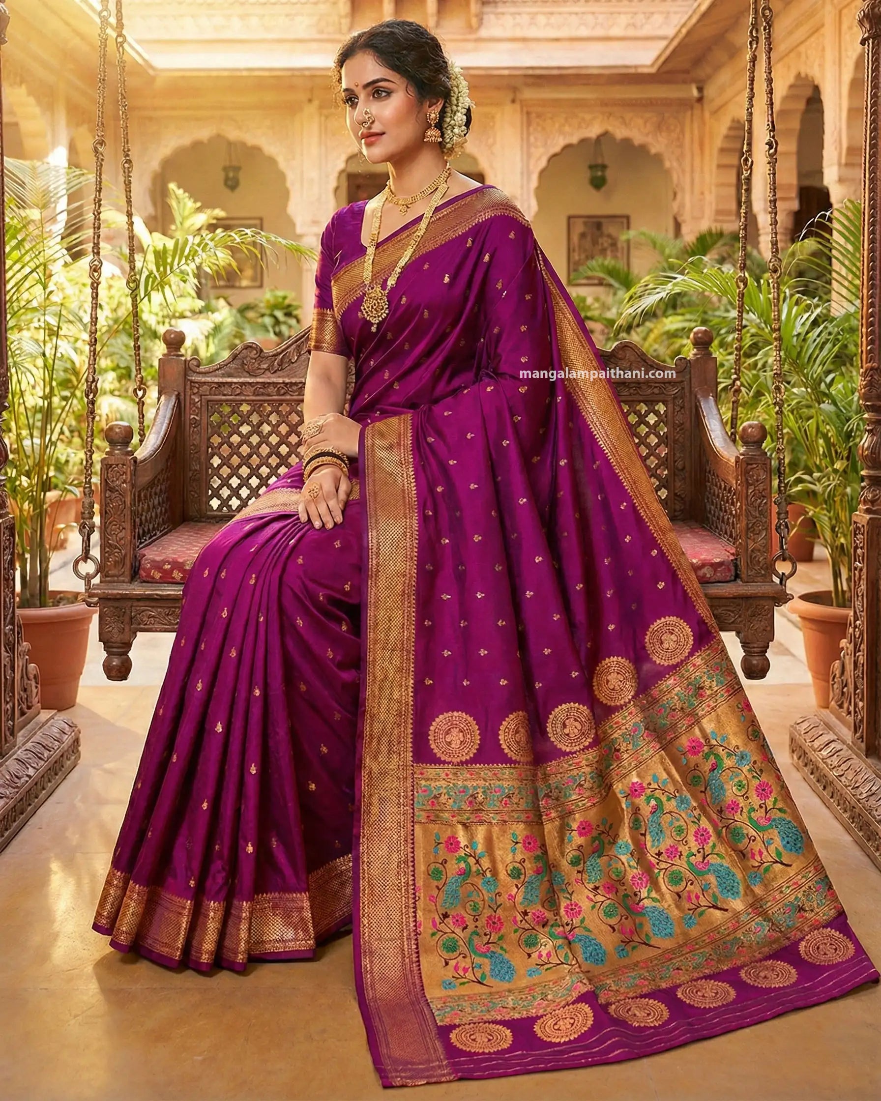traditional purple saree, mangalam paithani store