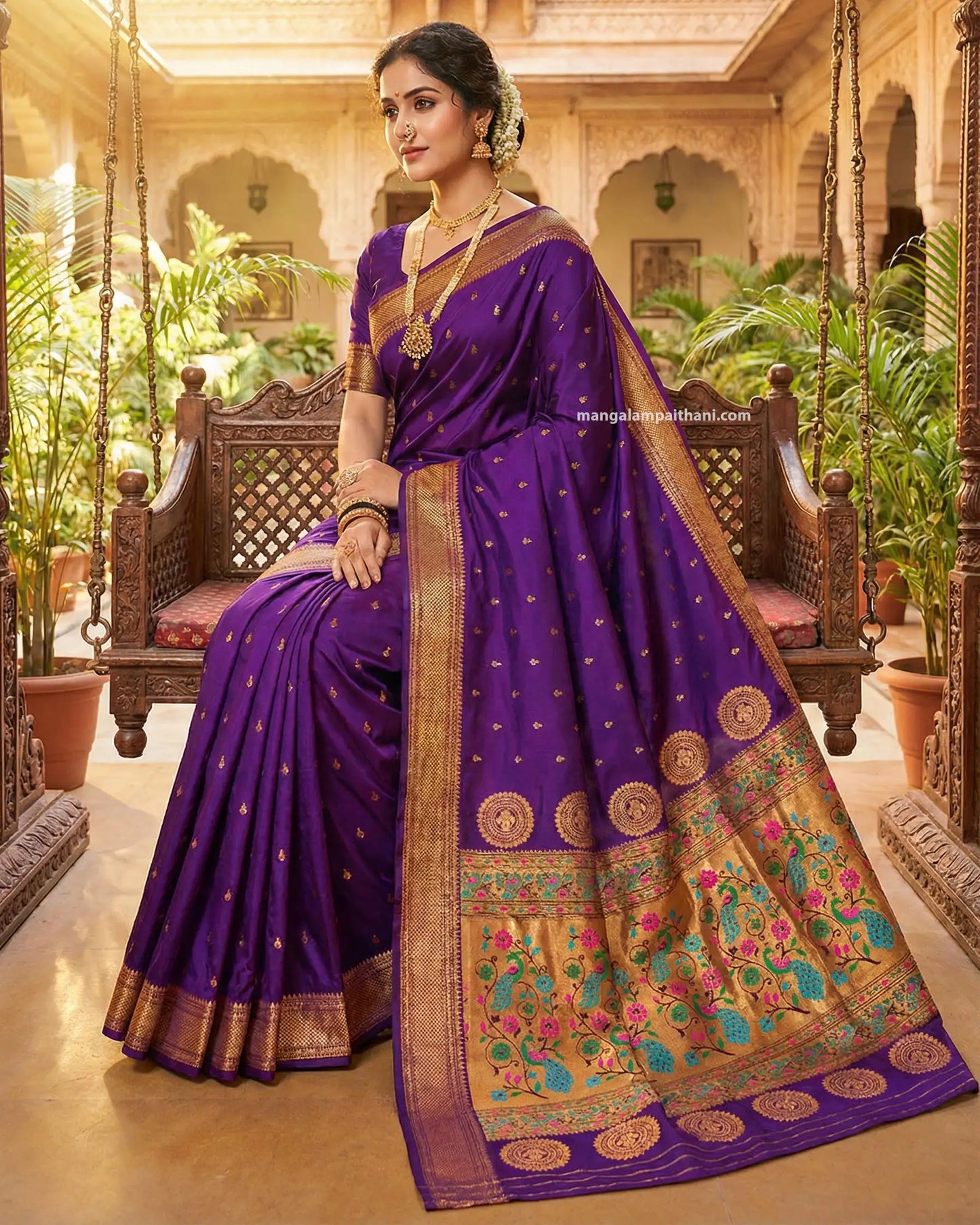 Woman in a traditional purple saree, mangalam paithani store