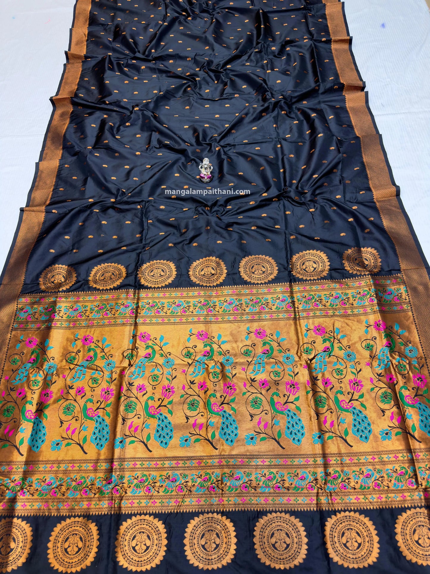Traditional saree with a dark blue color, paithani saree