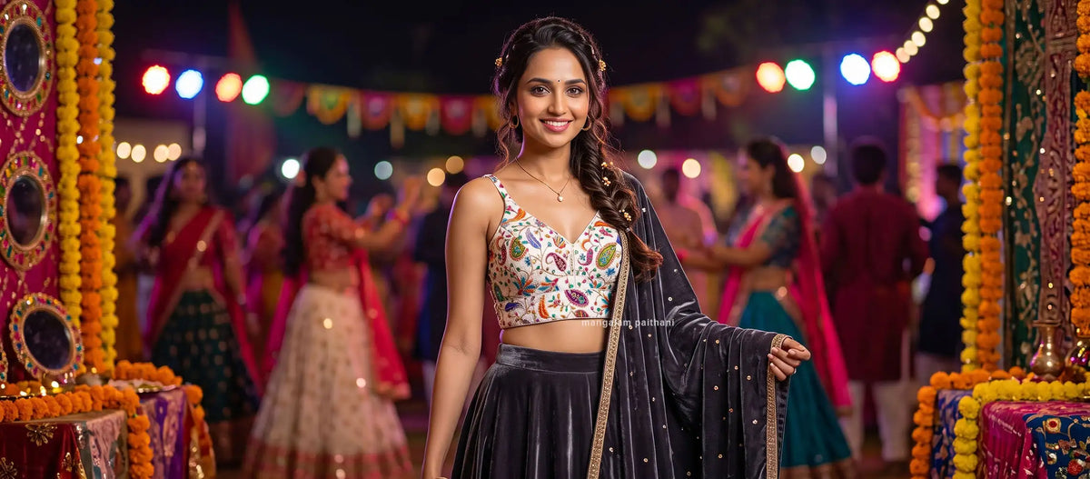 traditional Indian outfit with a colorful embroidered crop top blouse