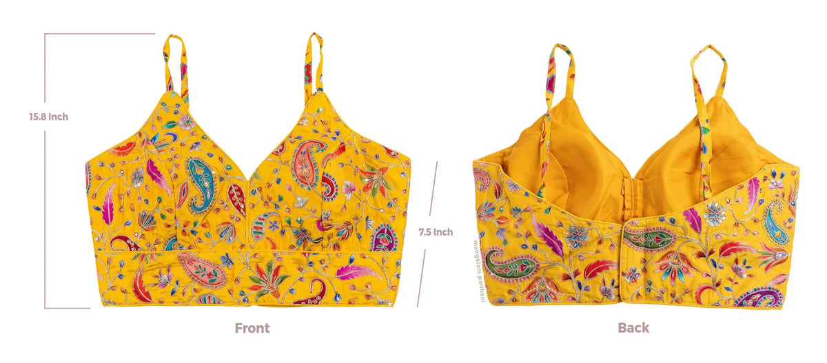 Yellow bralette with a colorful paisley print sleevless blouse