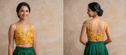 A woman modeling a yellow floral printed sleeveless blouse