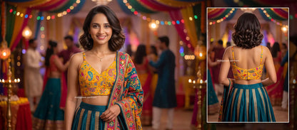 colorful traditional outfit with a yellow and teal embroidered top 