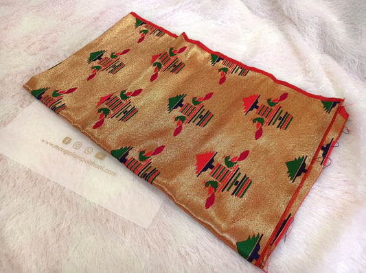 Golden Paithani blouse piece with multicolor traditional motifs