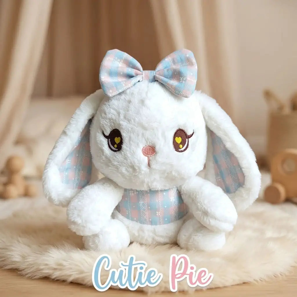 White plush bunny with a bow toy for kids