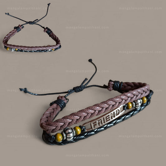 Bracelet with braided design, beads, and 'FRIEND' tag