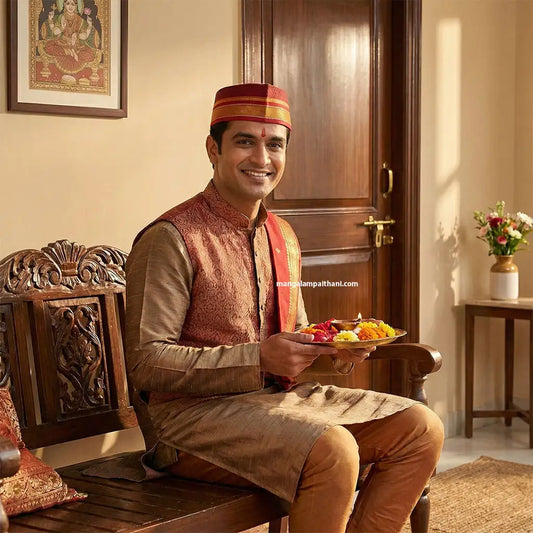 Man in traditional attire wearing khan topi, mangalam paithani mahotsav