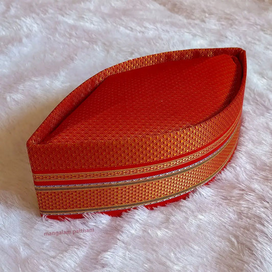 Red and golden traditional Maharashtrian Khan topi for men