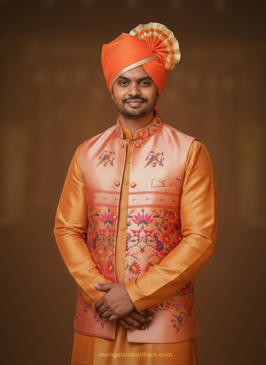 paithani jacket for men, mangalam paithani jacket
